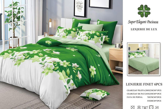 Lenjerie Pat Dublu, Finet, 6 Piese, Alb/Verde/Flori-SEP7120