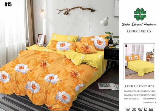 Lenjerie Pat Dublu, Finet, 6 Piese, Galben/Portocaliu/Flori-SEP7042