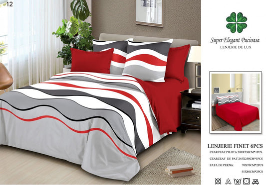 Lenjerie Pat Dublu, Finet, 6 Piese, Rosu/Gri/Alb-SEP7041