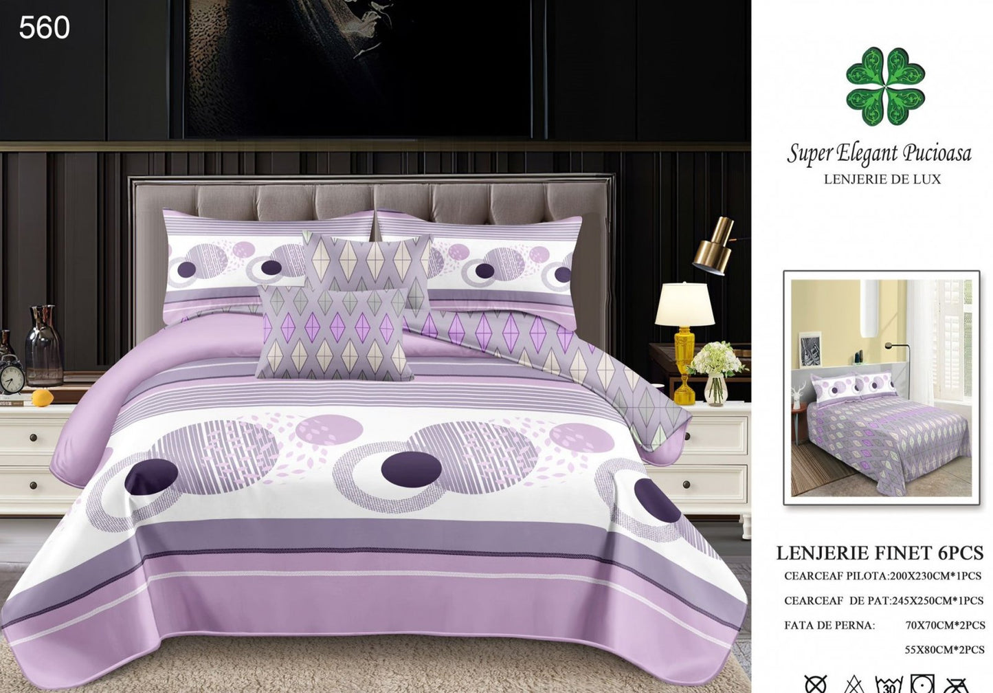 Lenjerie Pat Dublu, Finet, 6 Piese, Lila Abstract-SEP7046