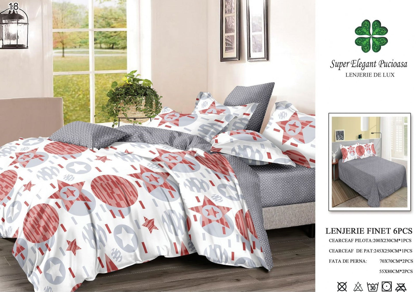 Lenjerie Pat Dublu, Finet, 6 Piese, Gri/Stelute-SEP7049