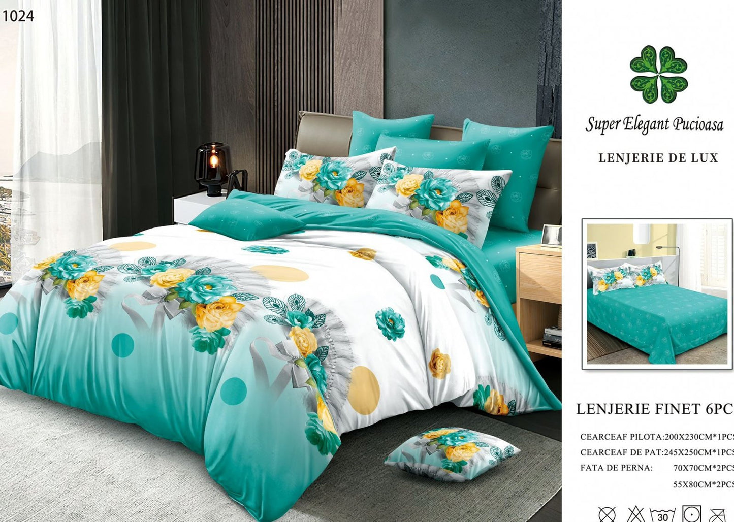 Lenjerie Pat Dublu, Finet, 6 Piese, Vernil/Alb/Flori-SEP7045