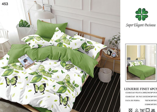 Lenjerie Pat Dublu, Finet, 6 Piese, Fluturi Verzi-SEP7047
