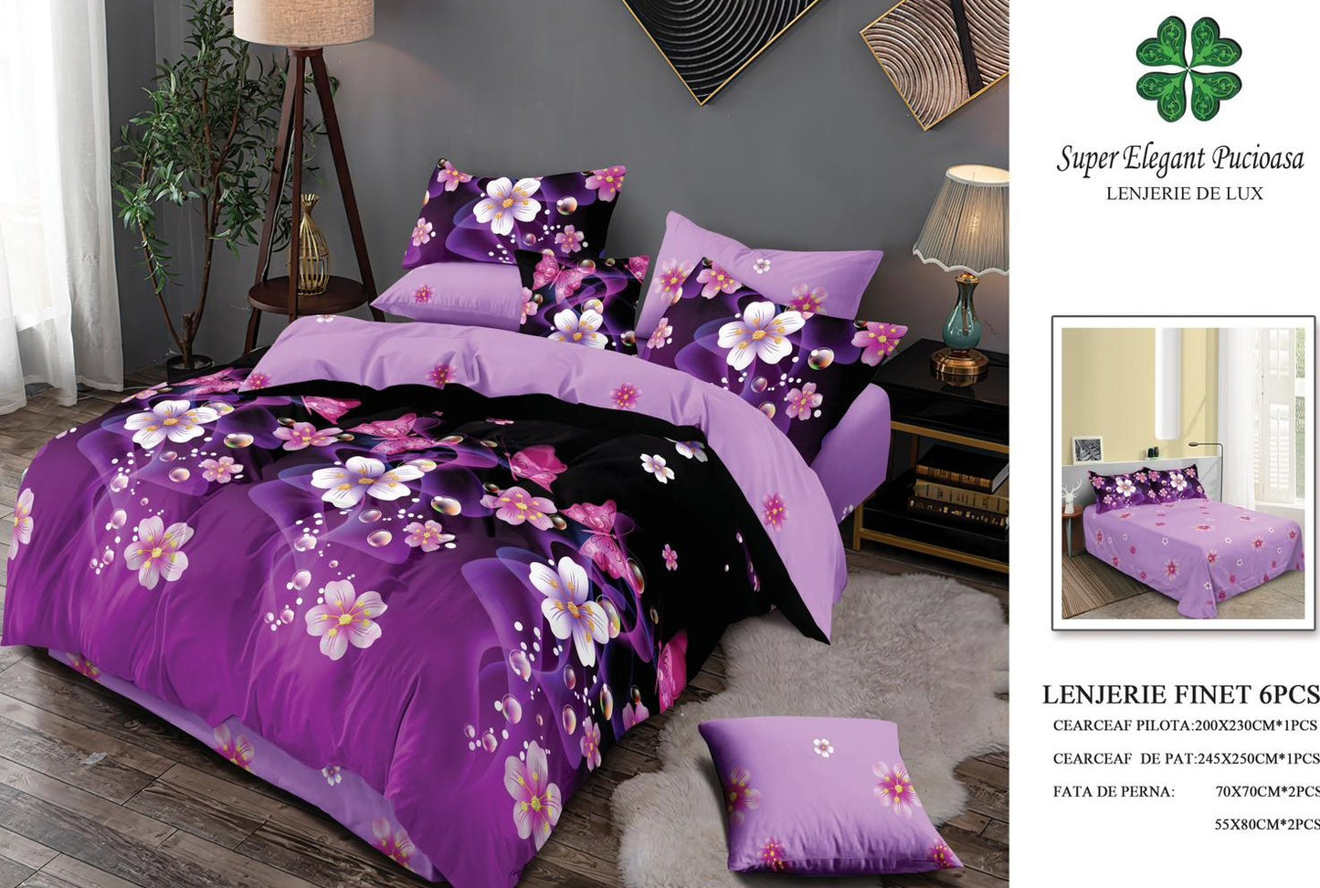 Lenjerie Pat Dublu, Finet, 6 Piese, Negru/Mov/Flori-SEP7126
