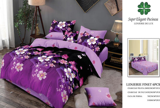 Lenjerie Pat Dublu, Finet, 6 Piese, Negru/Mov/Flori-SEP7126
