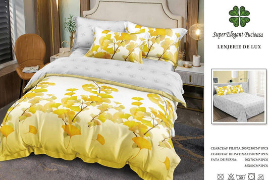 Lenjerie Pat Dublu, Finet, 6 Piese, Gri/Alb/Galben-SEP7127