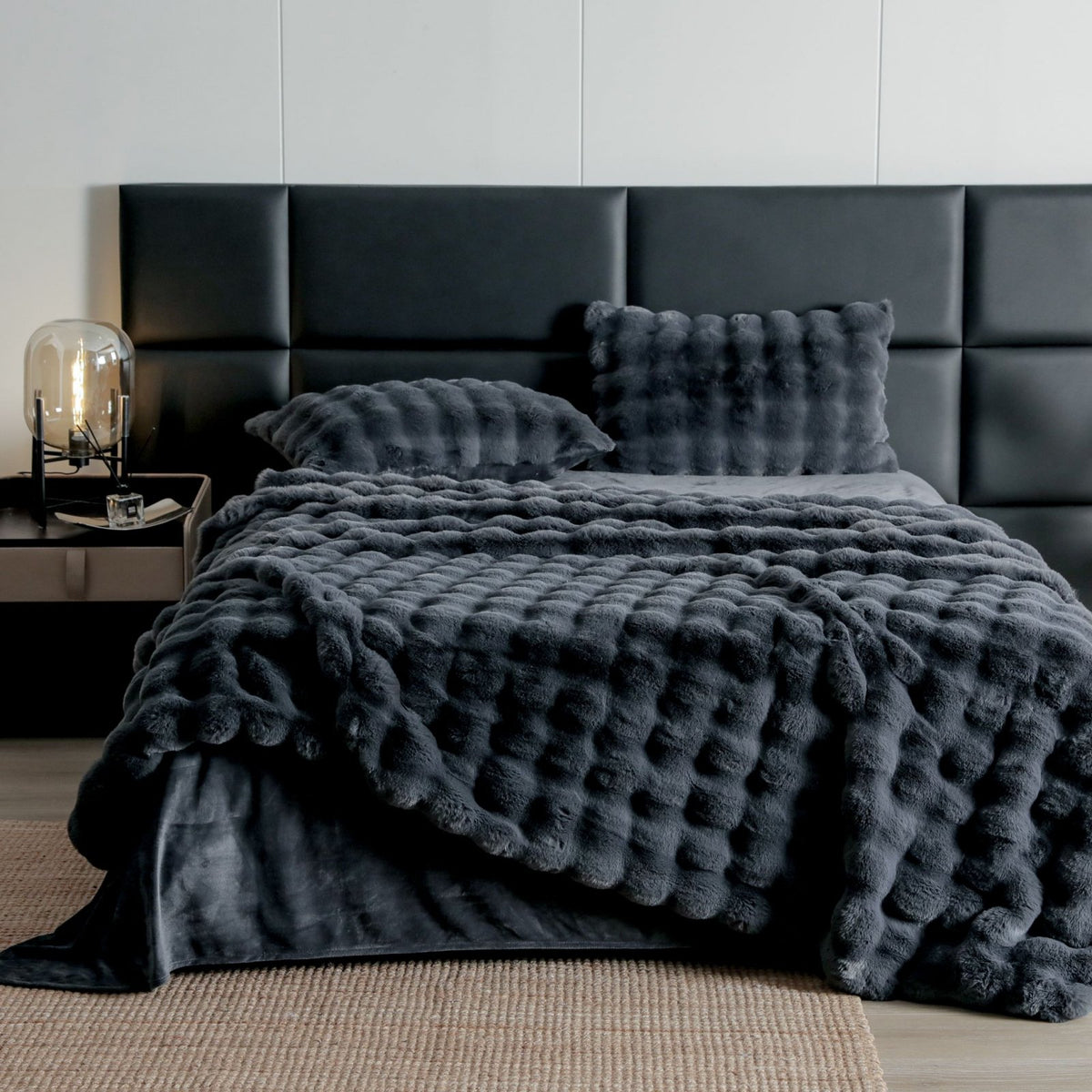Lenjerie Luxury ExtraPufoasa, din Blanita Artificiala Tip Iepure, 6 piese, Gri Sobolan