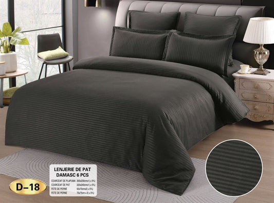 Lenjerie Pat Dublu din Bumbac Damasc, 6 Piese, Gri Inchis-D9230