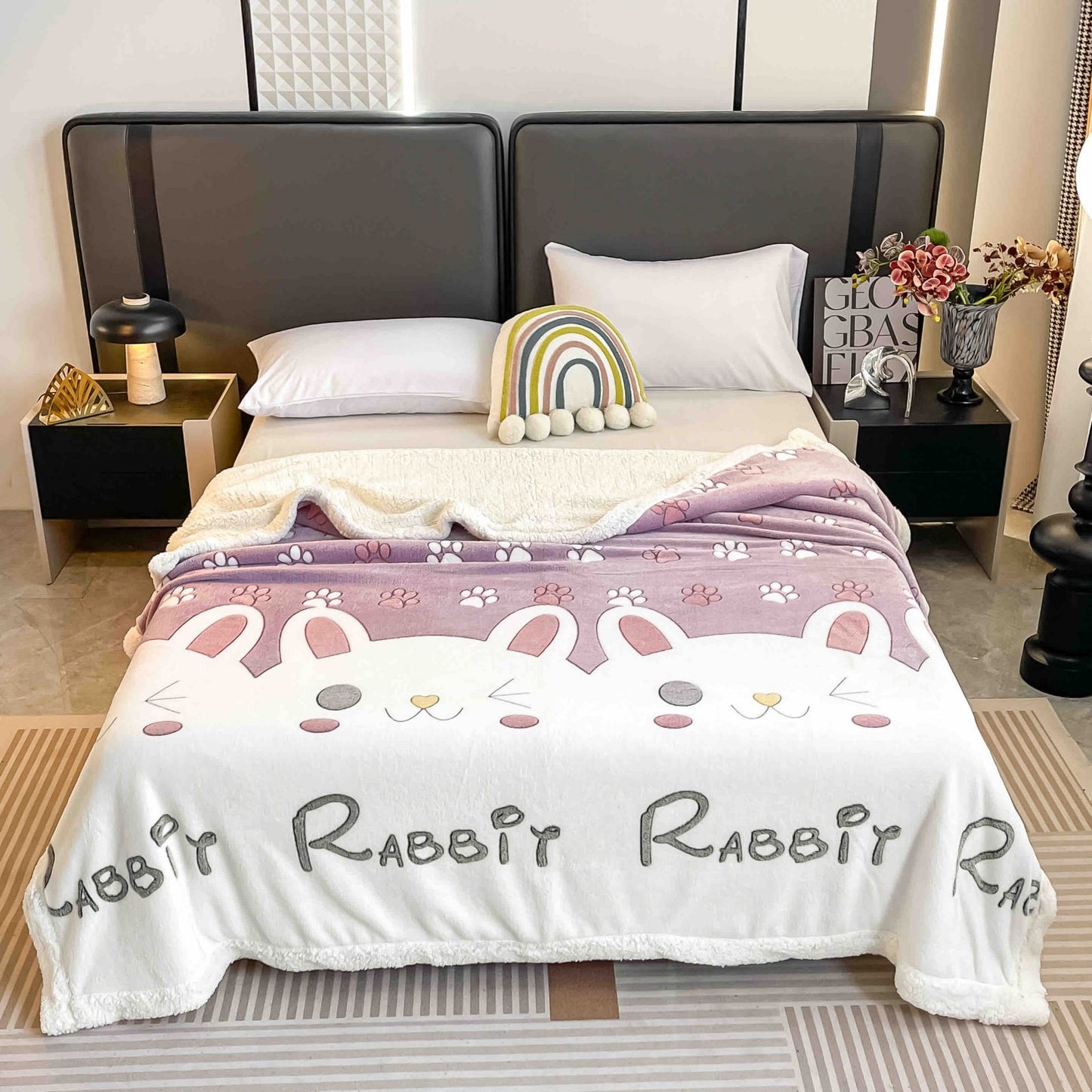 Patura Cocolino cu Blanita, 200x230cm, Roz/Iepurasi-C7491