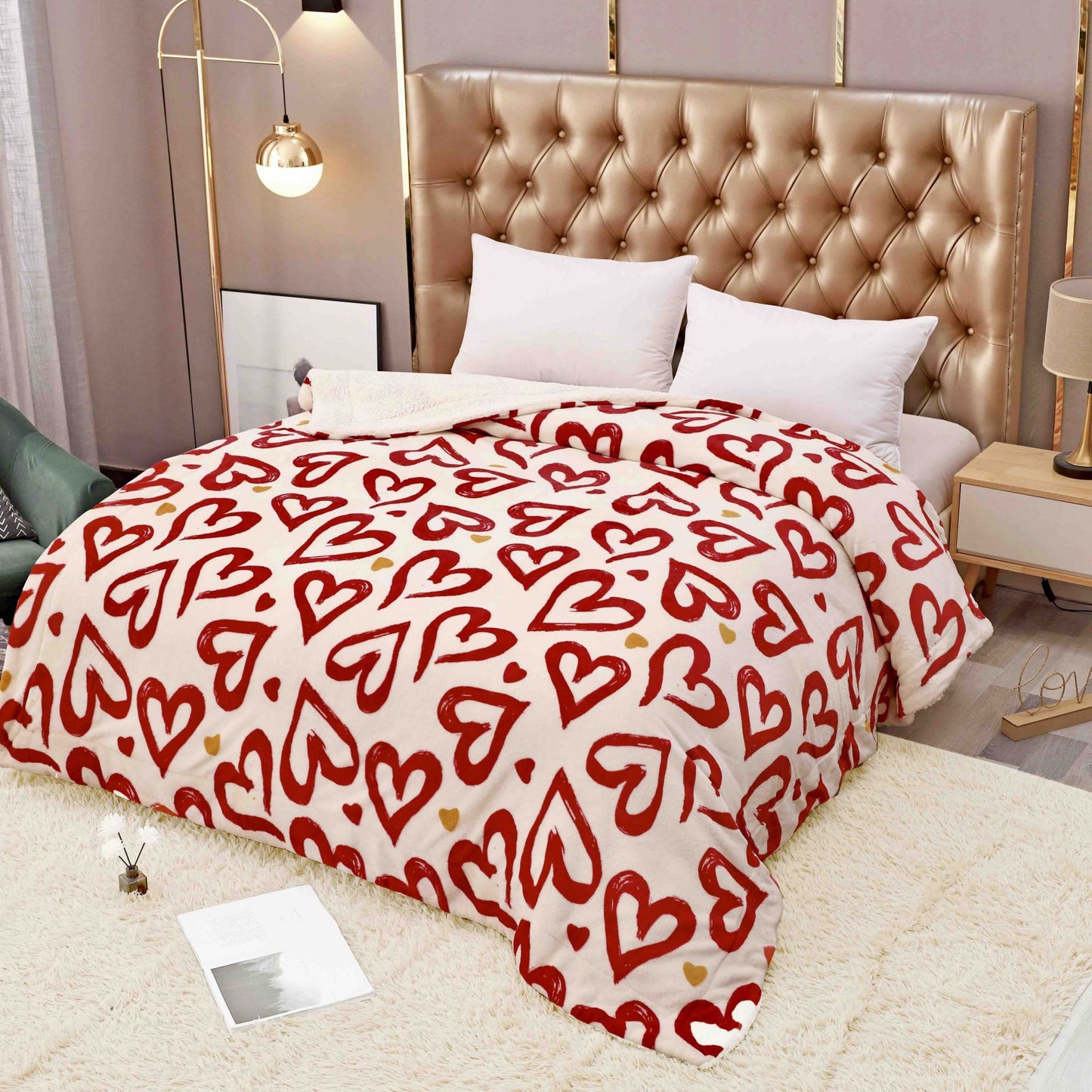 Patura Cocolino cu Blanita, 200x230cm, Crem/Inimi-C5650