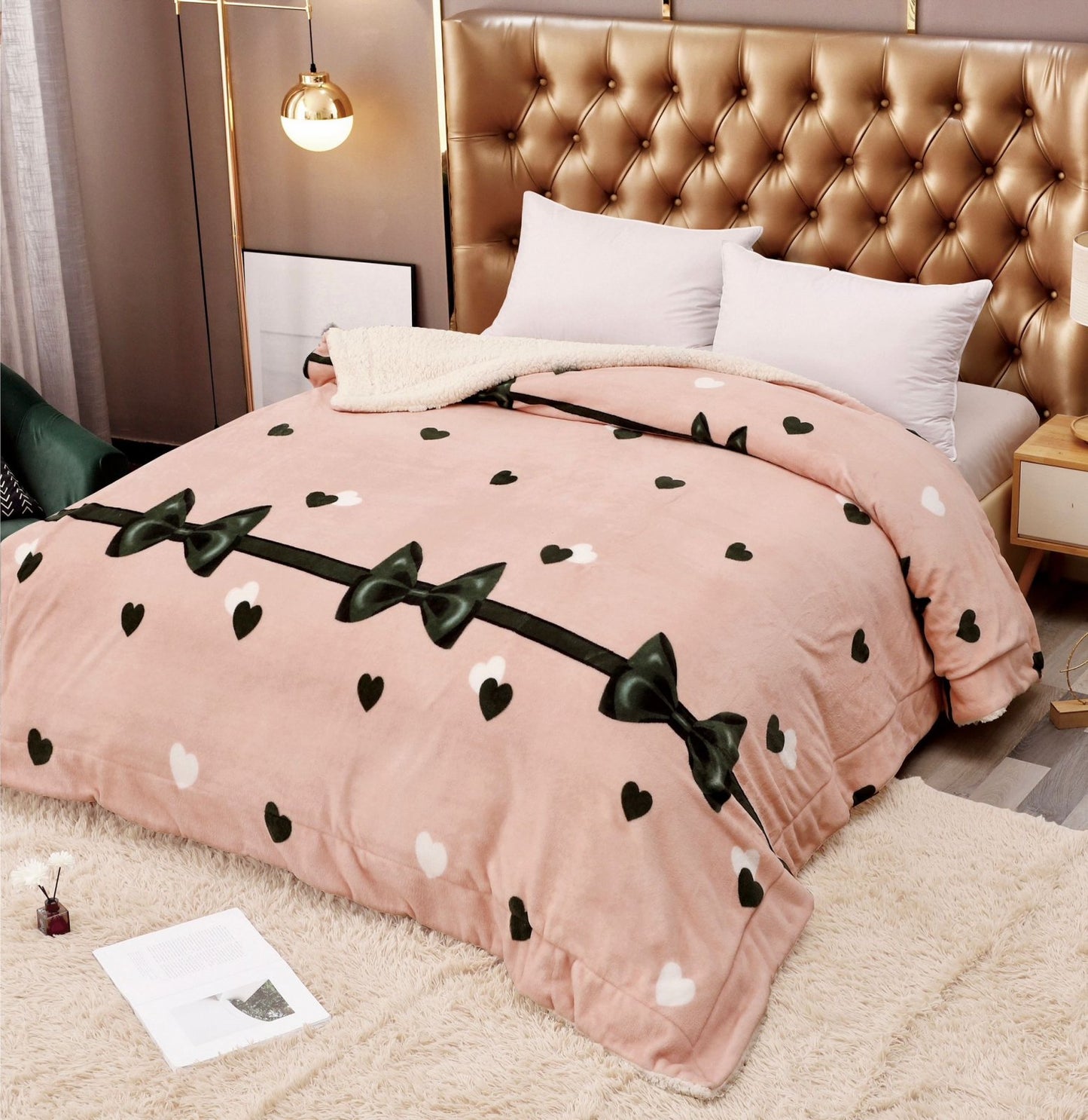 Patura Cocolino cu Blanita, 200x230cm, Roz/Fundite/Inimi-C5814