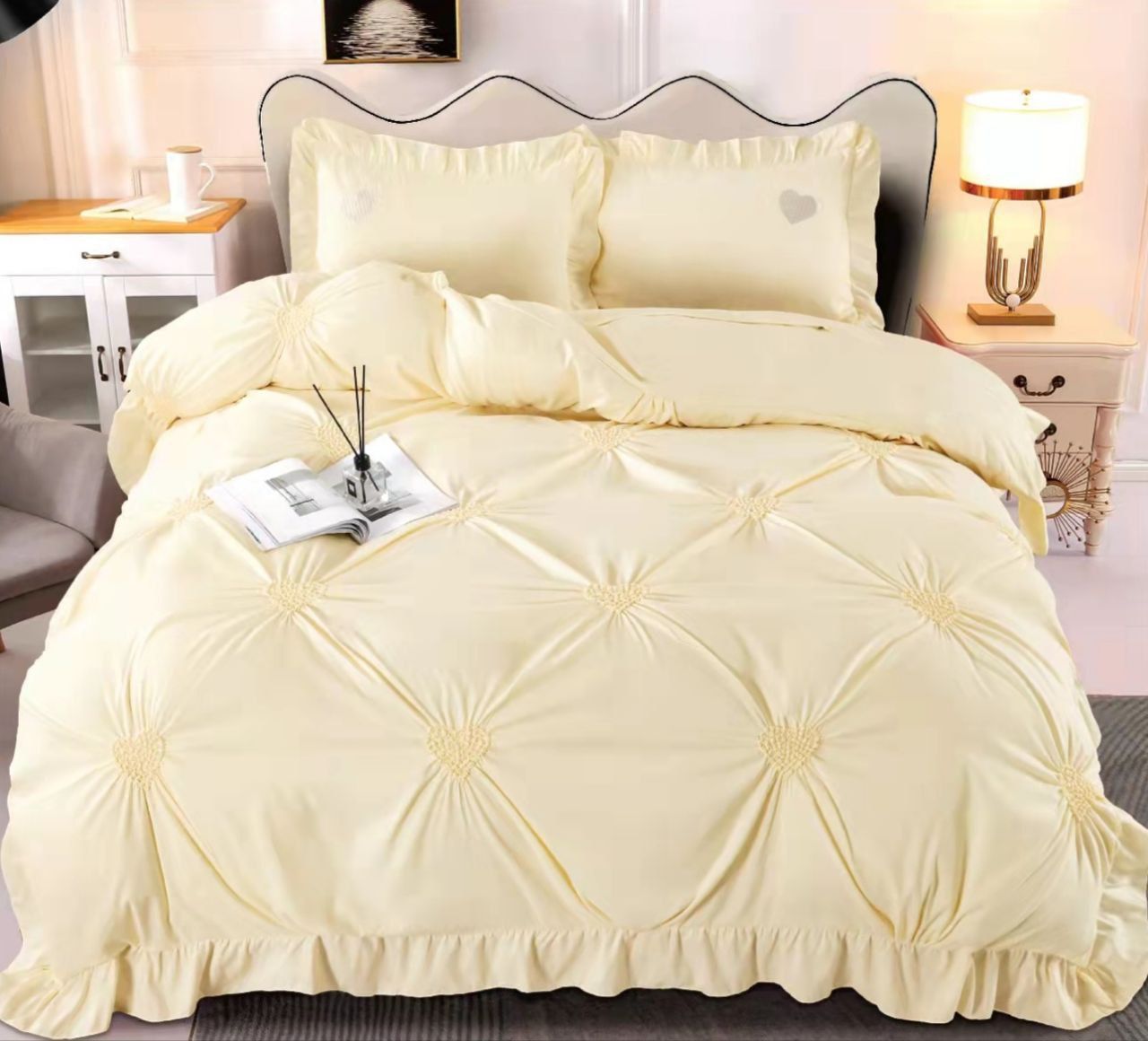 Lenjerie Bumbac Finetat Soft Touch, 4 Piese cu Inimi Brodate, Crem-D9160