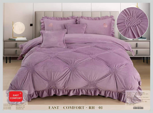 Lenjerie Luxury din Catifea, 6 Piese cu Inimi Brodate si Volanas, Lila-D9211