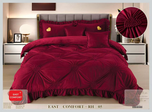 Lenjerie Luxury din Catifea, 6 Piese cu Inimi Brodate si Volanas, Burgundia-D9215
