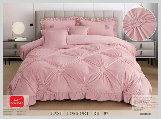 Lenjerie Luxury din Catifea, 6 Piese cu Inimi Brodate si Volanas, Roz-D9217