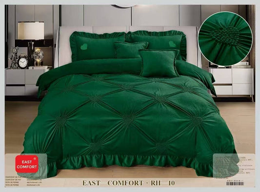 Lenjerie Luxury din Catifea, 6 Piese cu Inimi Brodate si Volanas, Verde-D9219
