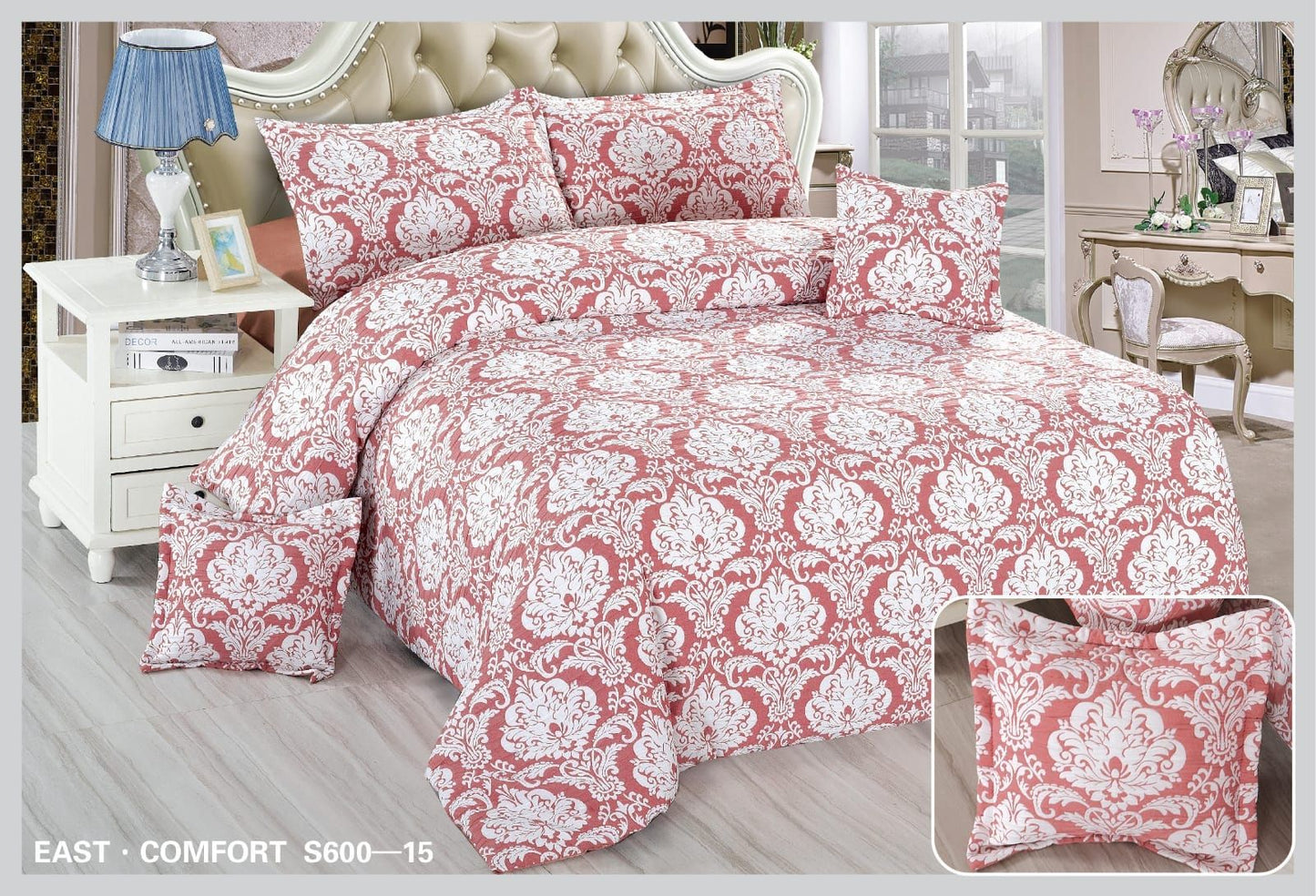 Lenjerie Pat Dublu din Finet Fin Creponat, 6 Piese, Roz Oriental-D10562