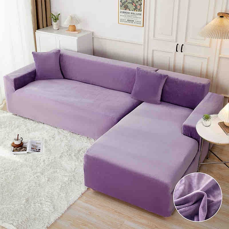 Set 2 Huse Elastice din Catifea Pentru Coltar, 2+3 Locuri+2 Fete de Perna, Lila-C8182