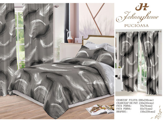Lenjerie Pat Dublu din Finet, 6 Piese + 2 Draperii, Gri Inchis/Pene-H9907
