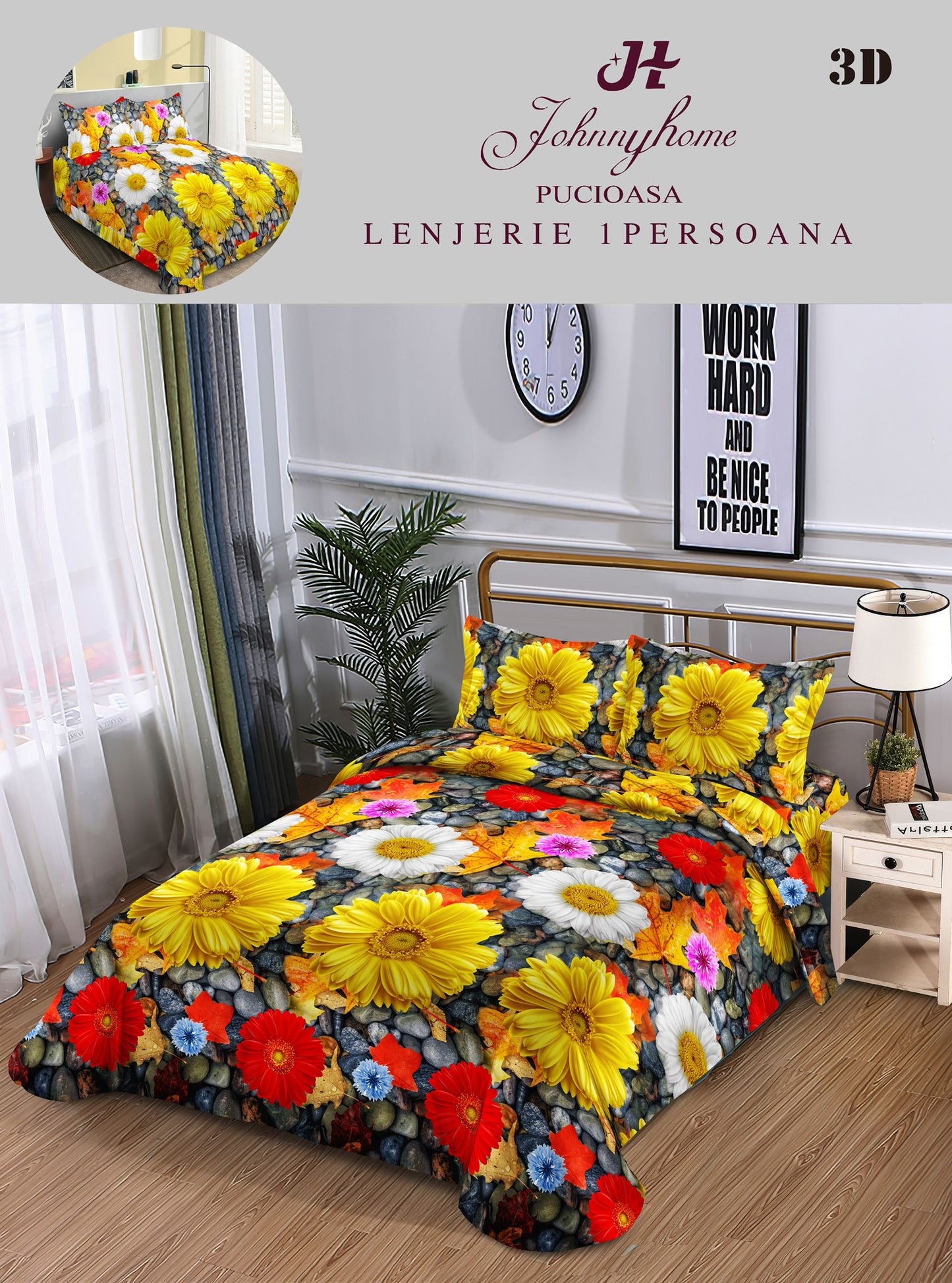 Lenjerie 3D, 1 Persoana Bumbac Satinat, 4 Piese-H10891