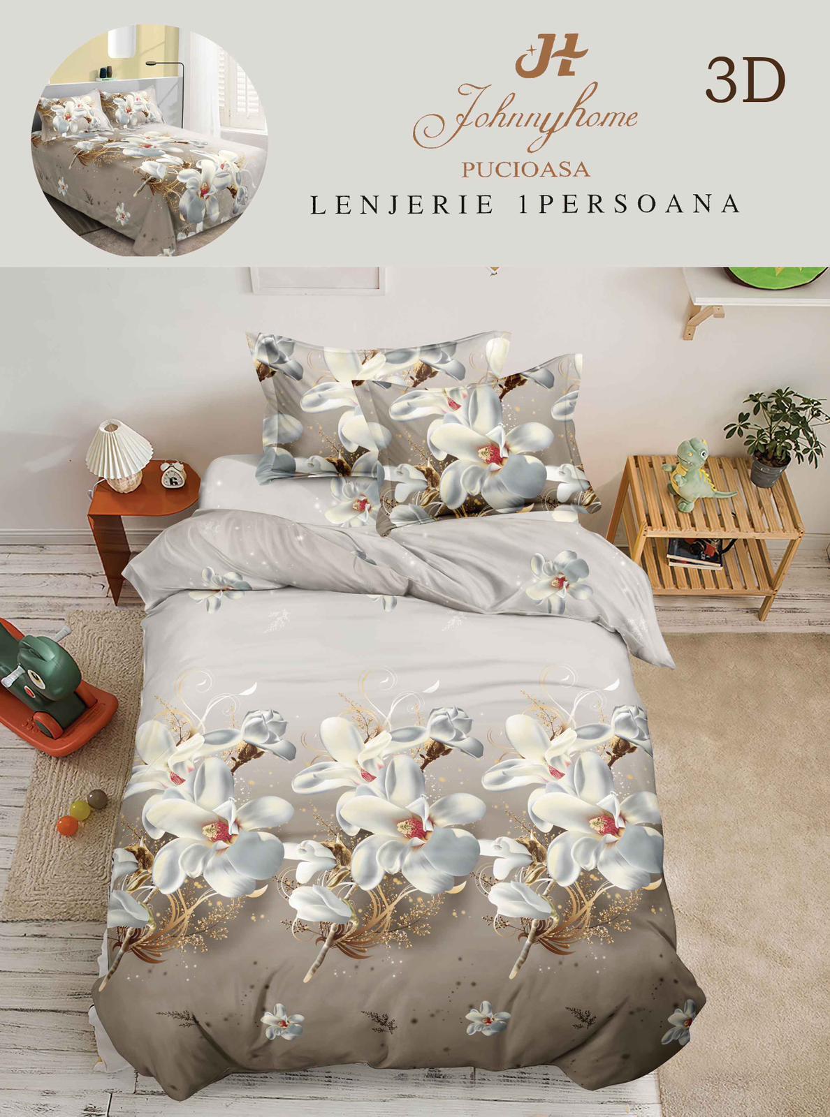 Lenjerie 3D, 1 Persoana Bumbac Satinat, 4 Piese-H10906