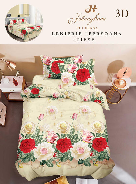 Lenjerie 3D, 1 Persoana Bumbac Satinat, 4 Piese-H10895