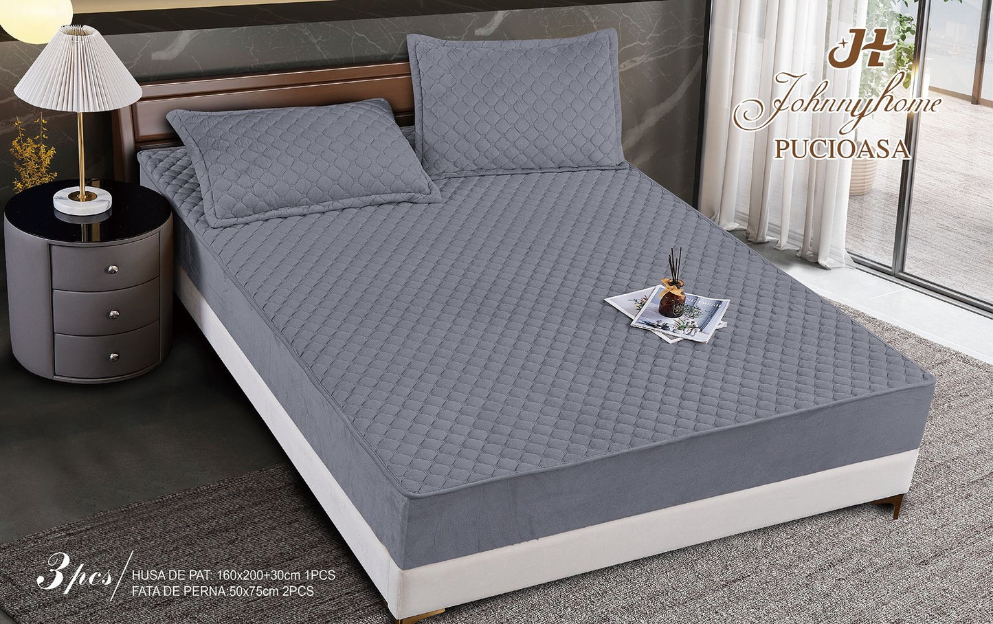 Husa matlasata tip topper din catifea, 160x200cm+2 fete de perna 50x70cm, Gri Inchis-H9169