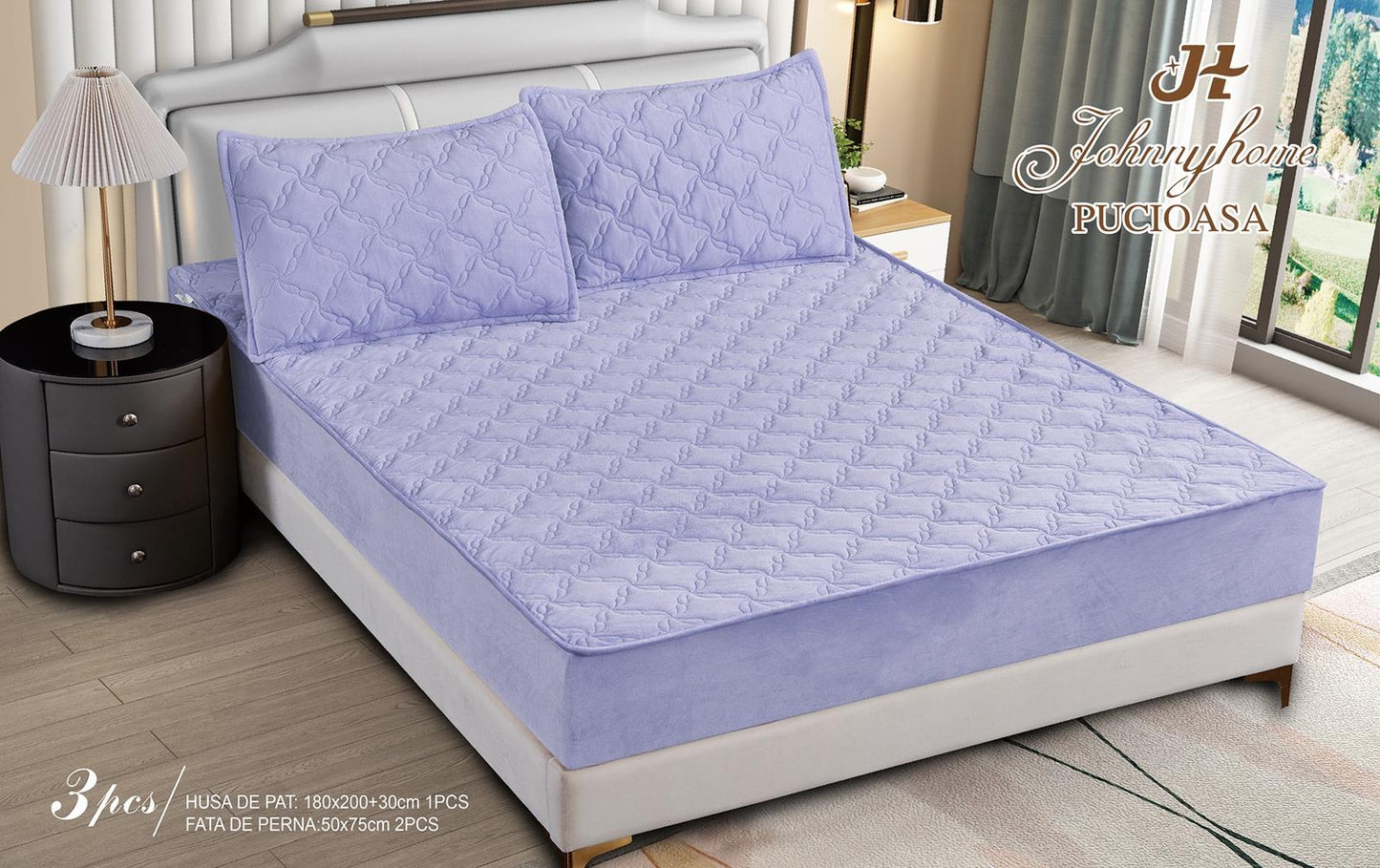 Husa matlasata tip topper din catifea, 180x200cm+2 fete de perna 50x70cm, Lila-H9171