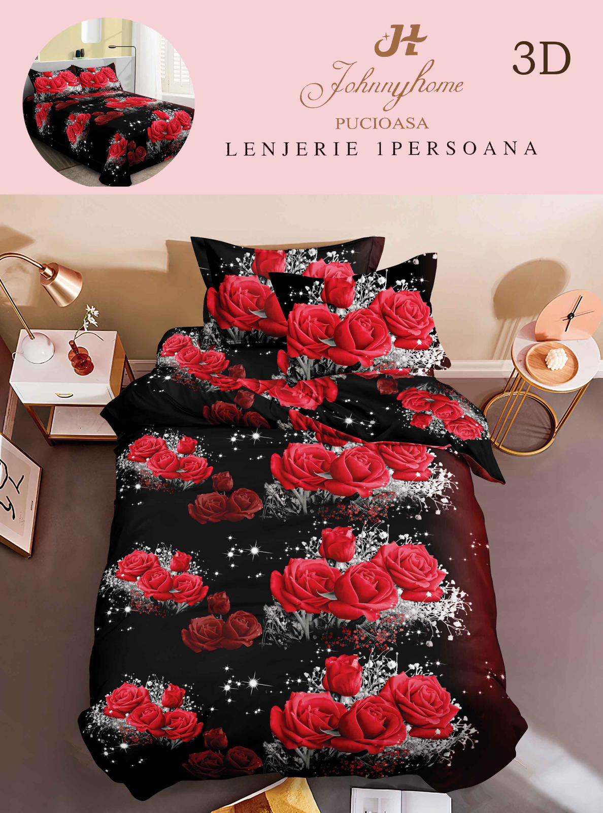 Lenjerie 3D, 1 Persoana Bumbac Satinat, 4 Piese-H10903
