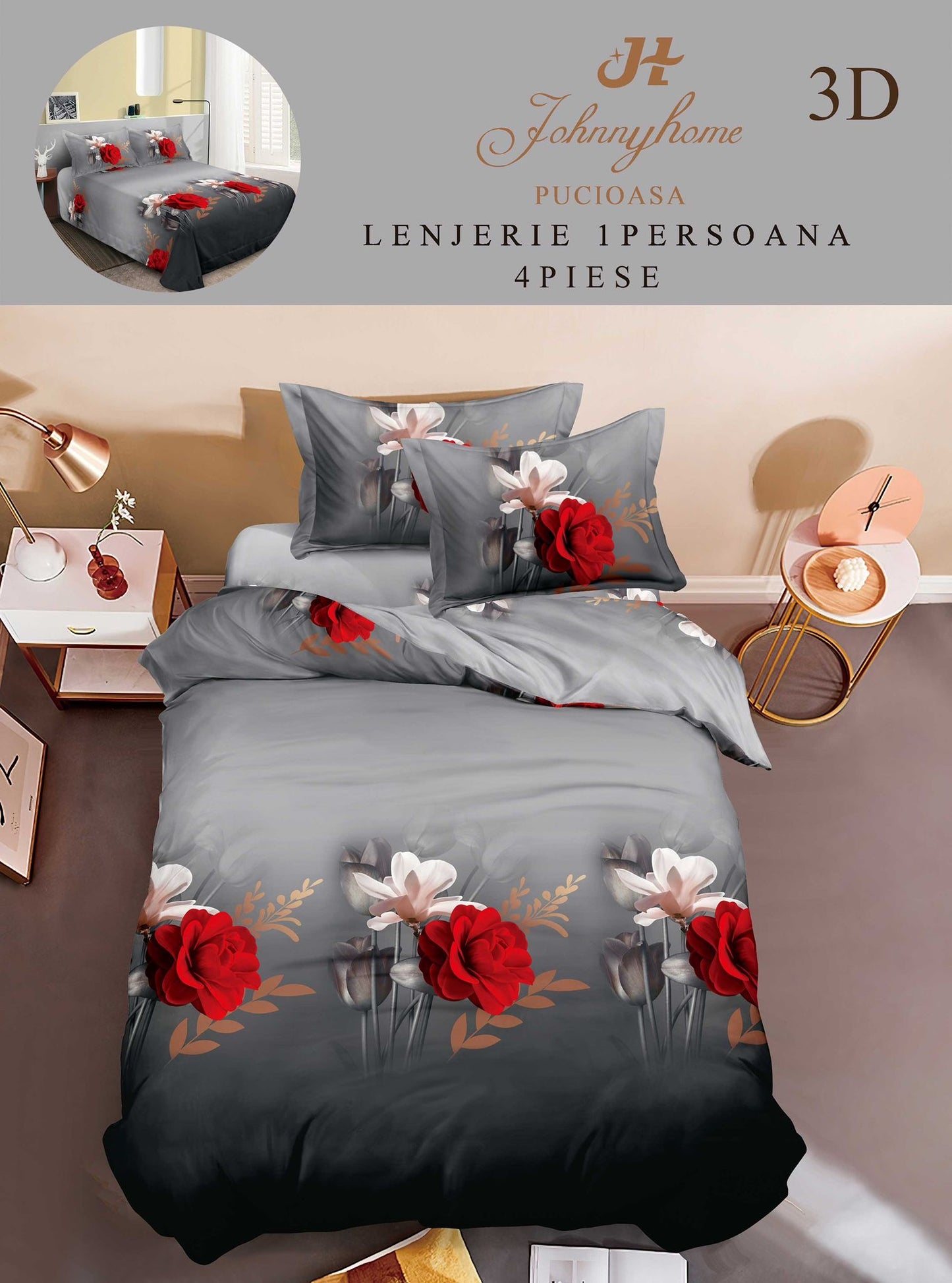 Lenjerie 3D, 1 Persoana Bumbac Satinat, 4 Piese-H10897