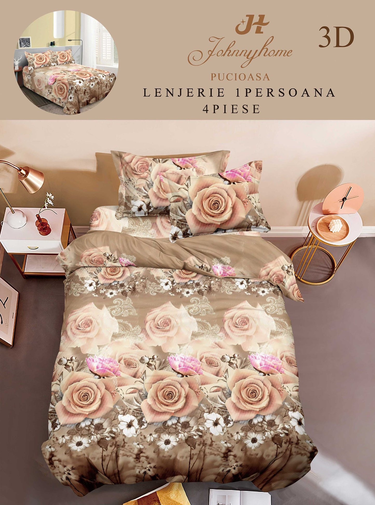 Lenjerie 3D, 1 Persoana Bumbac Satinat, 4 Piese-H10883