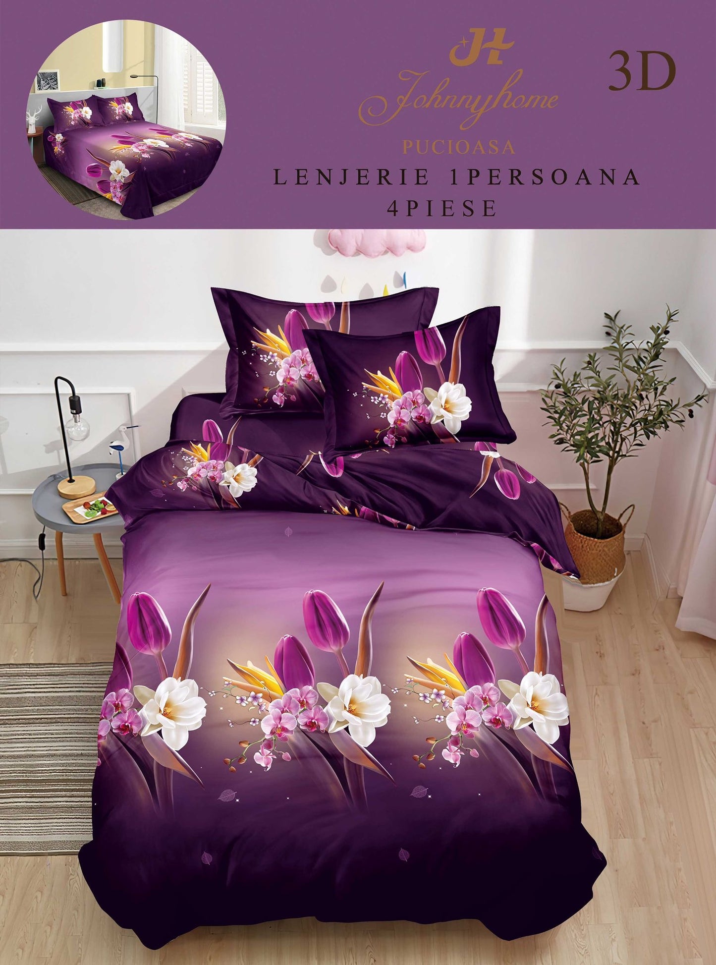 Lenjerie 3D, 1 Persoana Bumbac Satinat, 4 Piese-H10888
