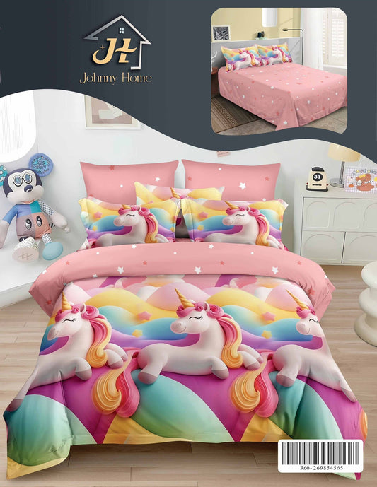 Lenjerie Pat Dublu din Bumbac Finetat Superior, 6 Piese, Unicorni-H10913