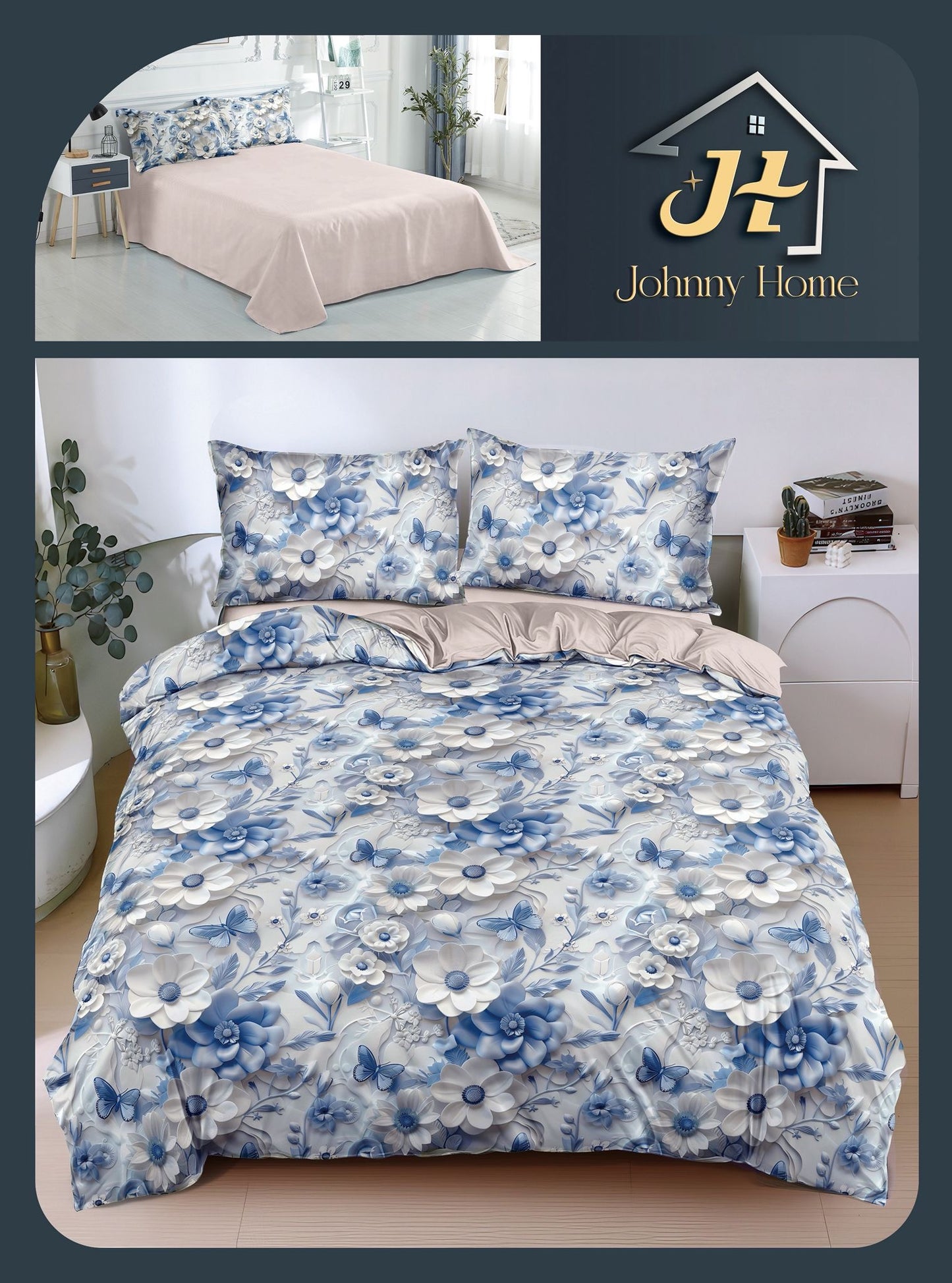 Lenjerie Pat Dublu Bumbac Satinat, 4 Piese, Flori-H10873