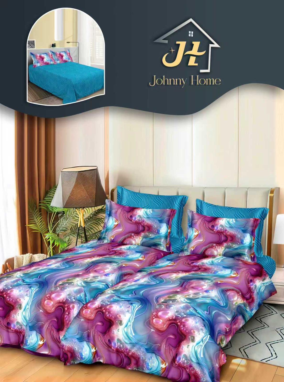 Lenjerie Pat Dublu Bumbac Satinat 7 Piese, cu 2 Cearceafuri de pilota, Multicolor-H11112