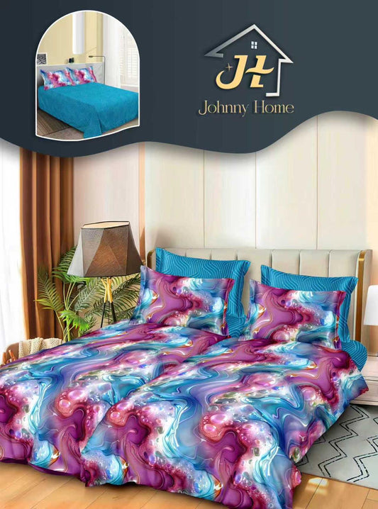 Lenjerie Pat Dublu Bumbac Satinat 7 Piese, cu 2 Cearceafuri de pilota, Multicolor-H11112