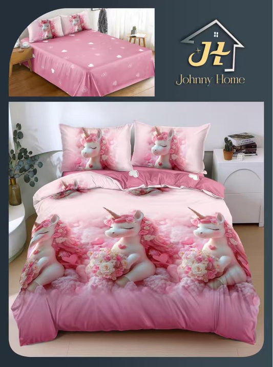 Lenjerie Pat Dublu Bumbac Satinat, 4 Piese, Unicorni-H10848