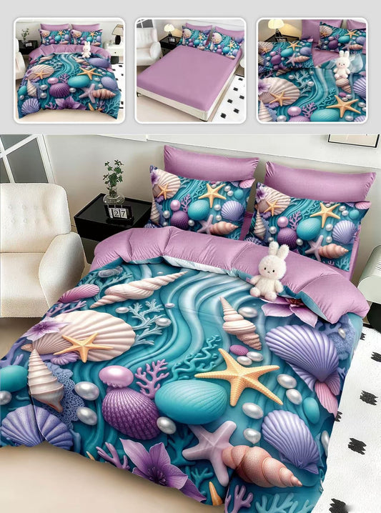 Lenjerie 5D Bumbac Finetat Premium, 6 Piese, cu Elastic, Stele de Mare-H10953