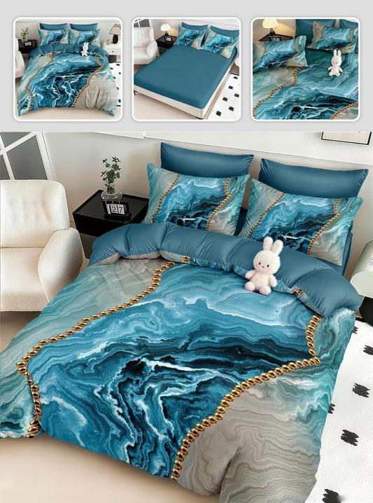 Lenjerie 5D Bumbac Finetat Premium, 6 Piese, cu Elastic, Marmura-H10963