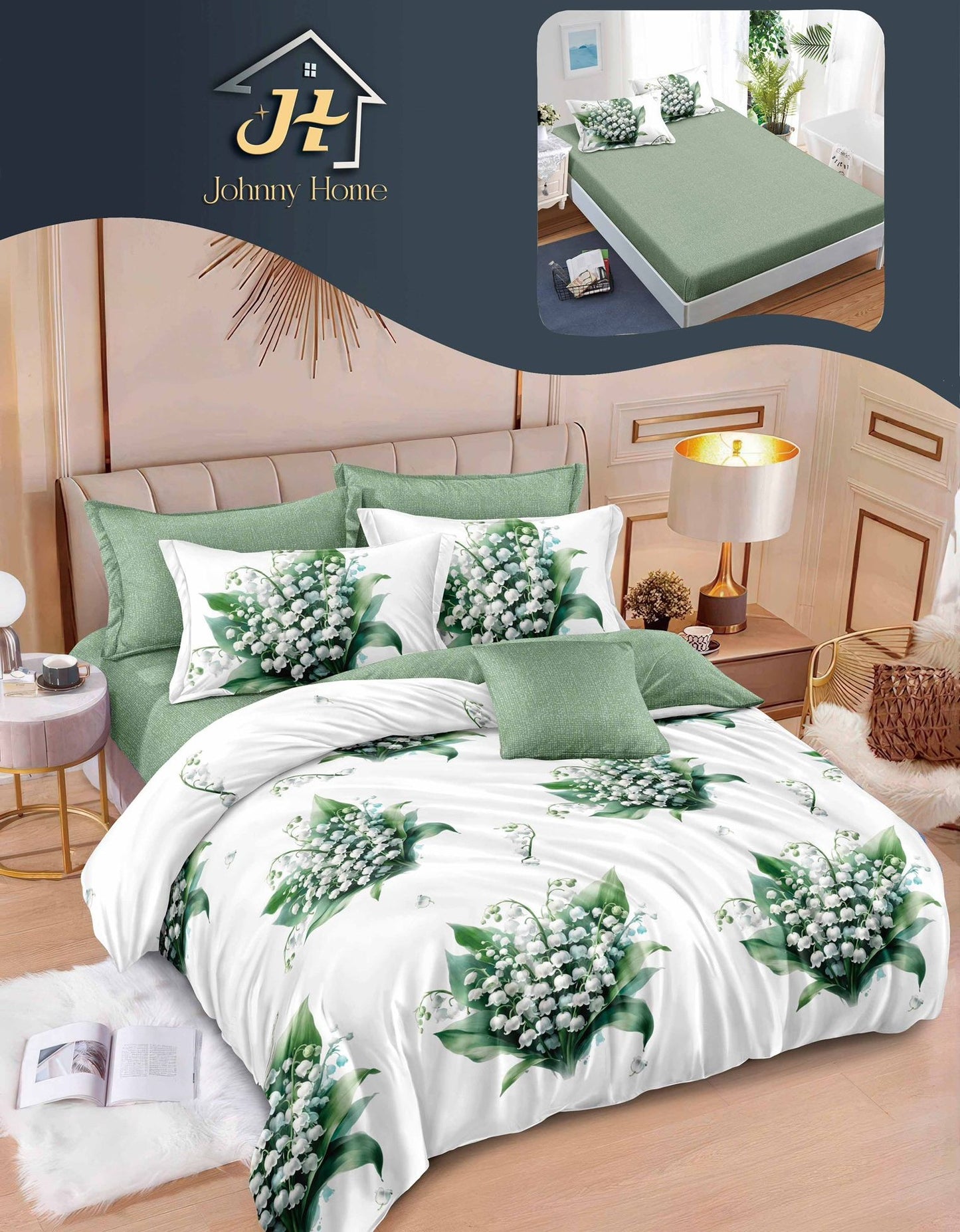Lenjerie Pat Dublu din Finet, 6 Piese, cu Elastic, Floricele-H10939