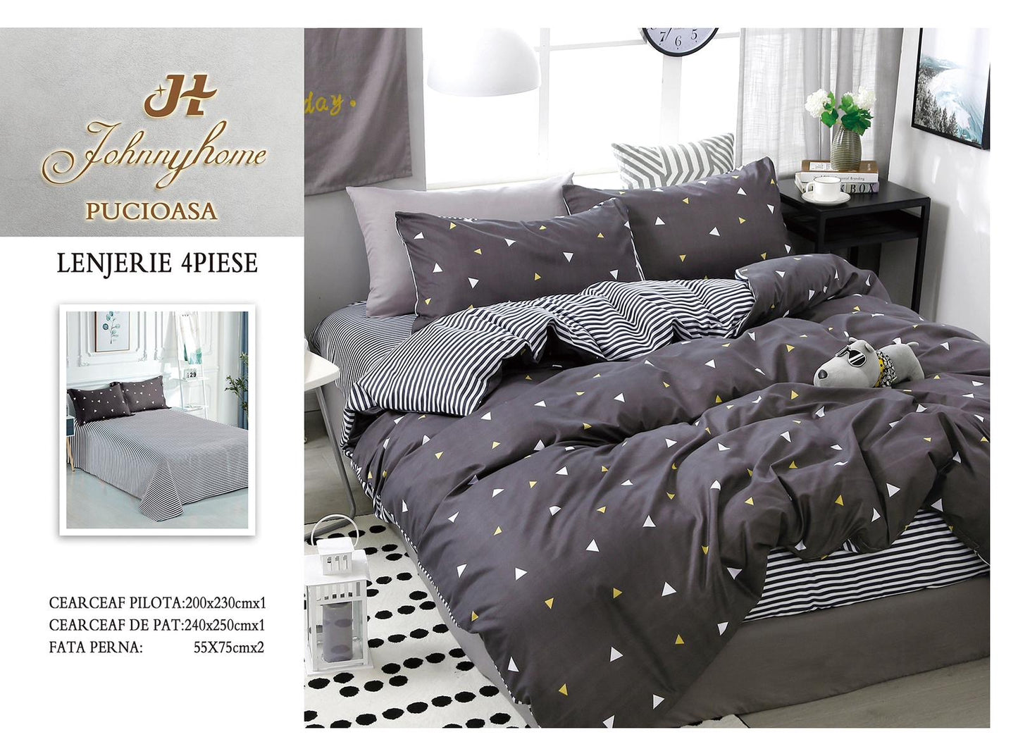 Lenjerie Pat Dublu din Bumbac Satinat Superior cu 4 Piese, Triunghiuri-H8514
