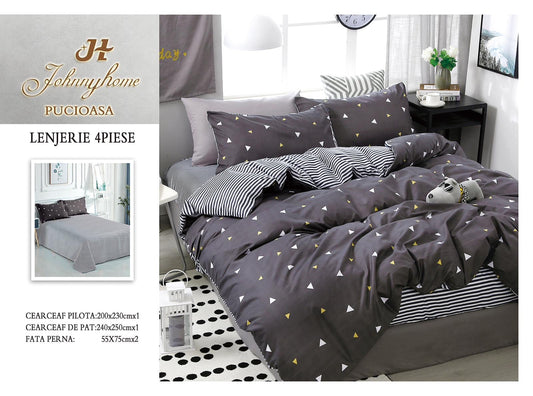 Lenjerie Pat Dublu din Bumbac Satinat Superior cu 4 Piese, Triunghiuri-H8514