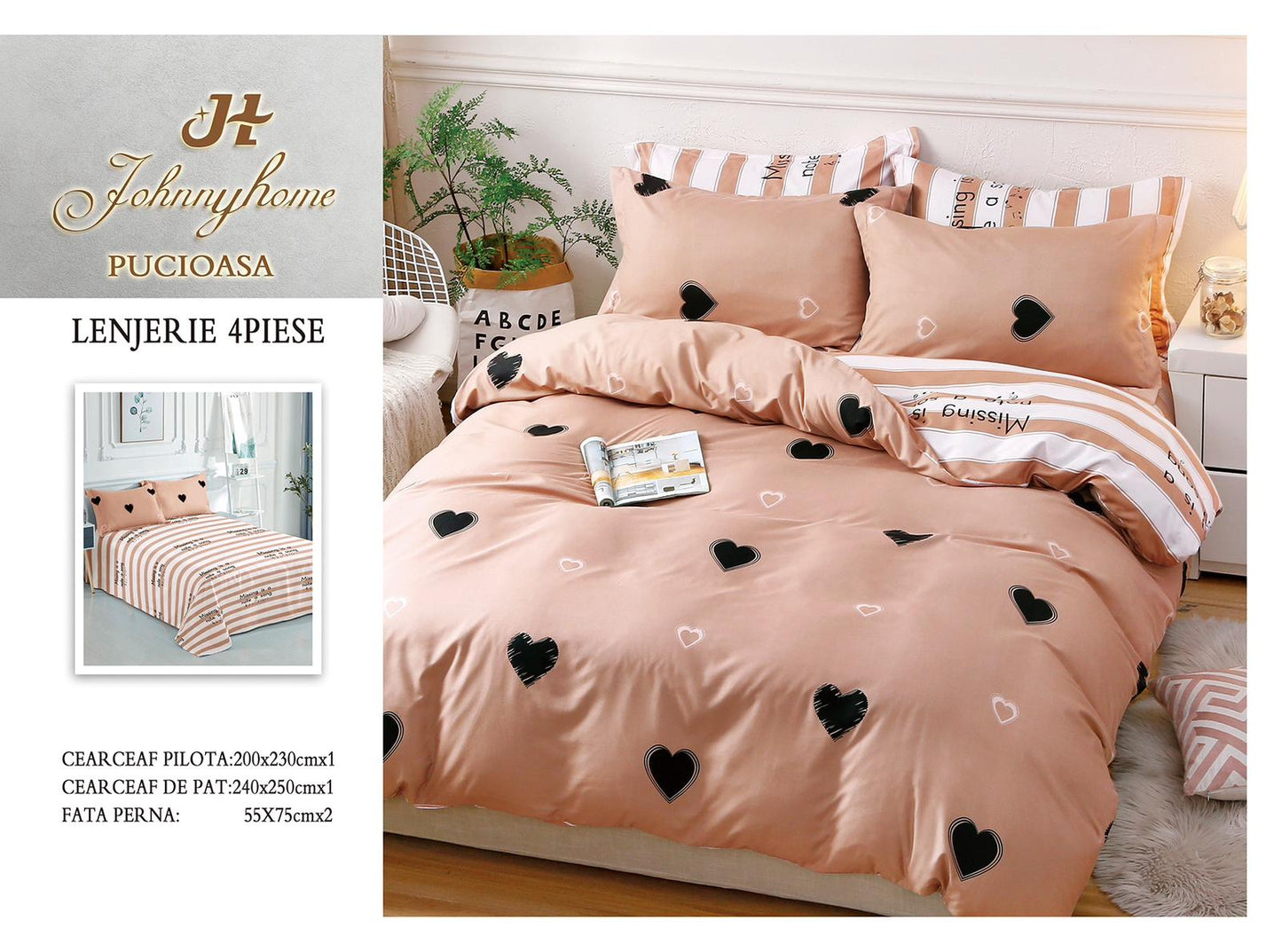 Lenjerie Pat Dublu din Bumbac Satinat Superior cu 4 Piese, Bej/Inimi-H8515