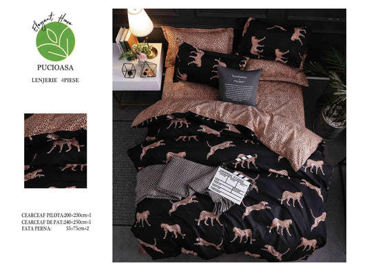 Lenjerie Pat Dublu din Bumbac Satinat Superior cu 4 Piese, Ghepard-H8493