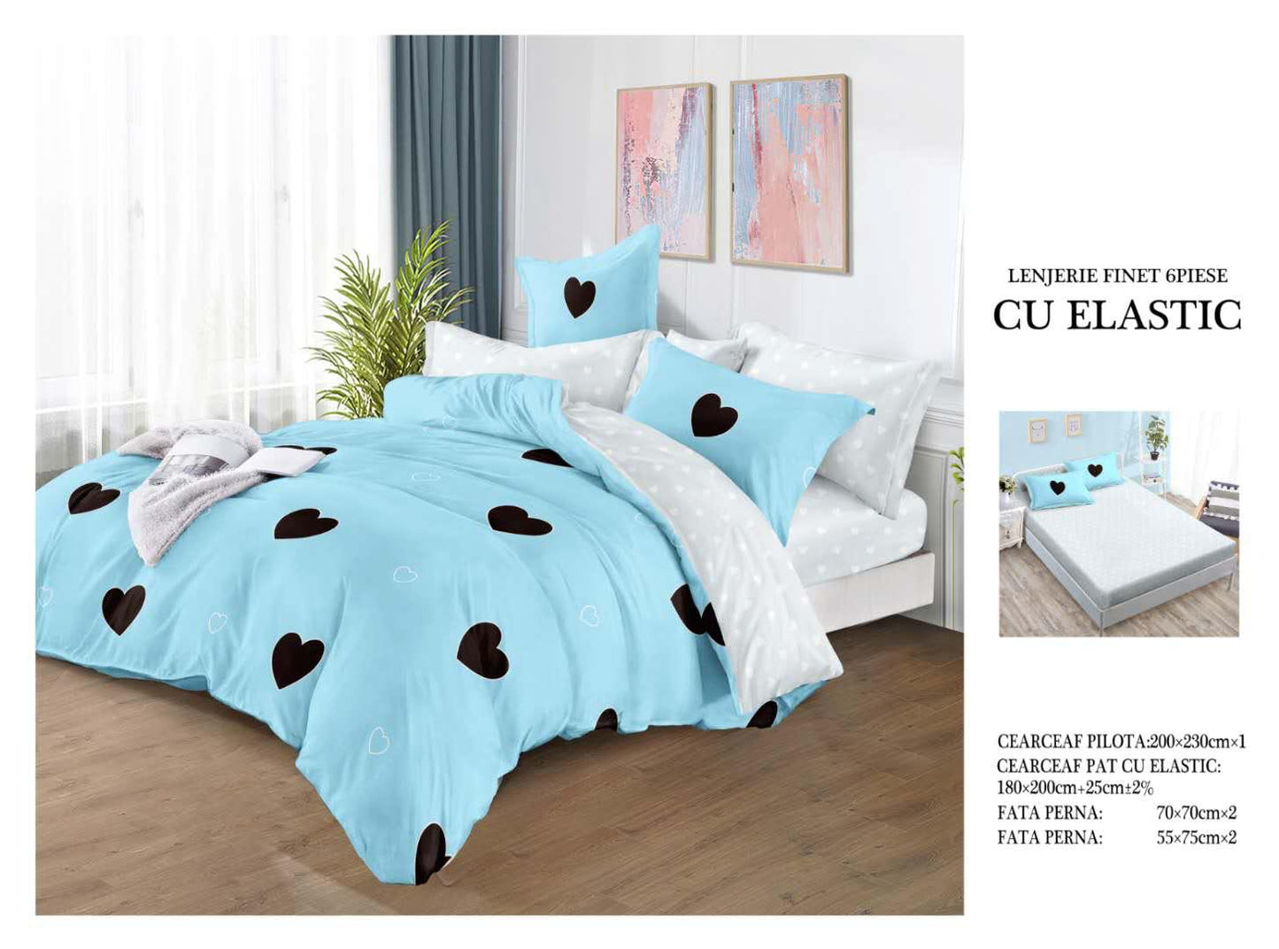 Lenjerie Pat Dublu din Finet, 6 Piese, cu Elastic, Bleu/Inimi-H9039