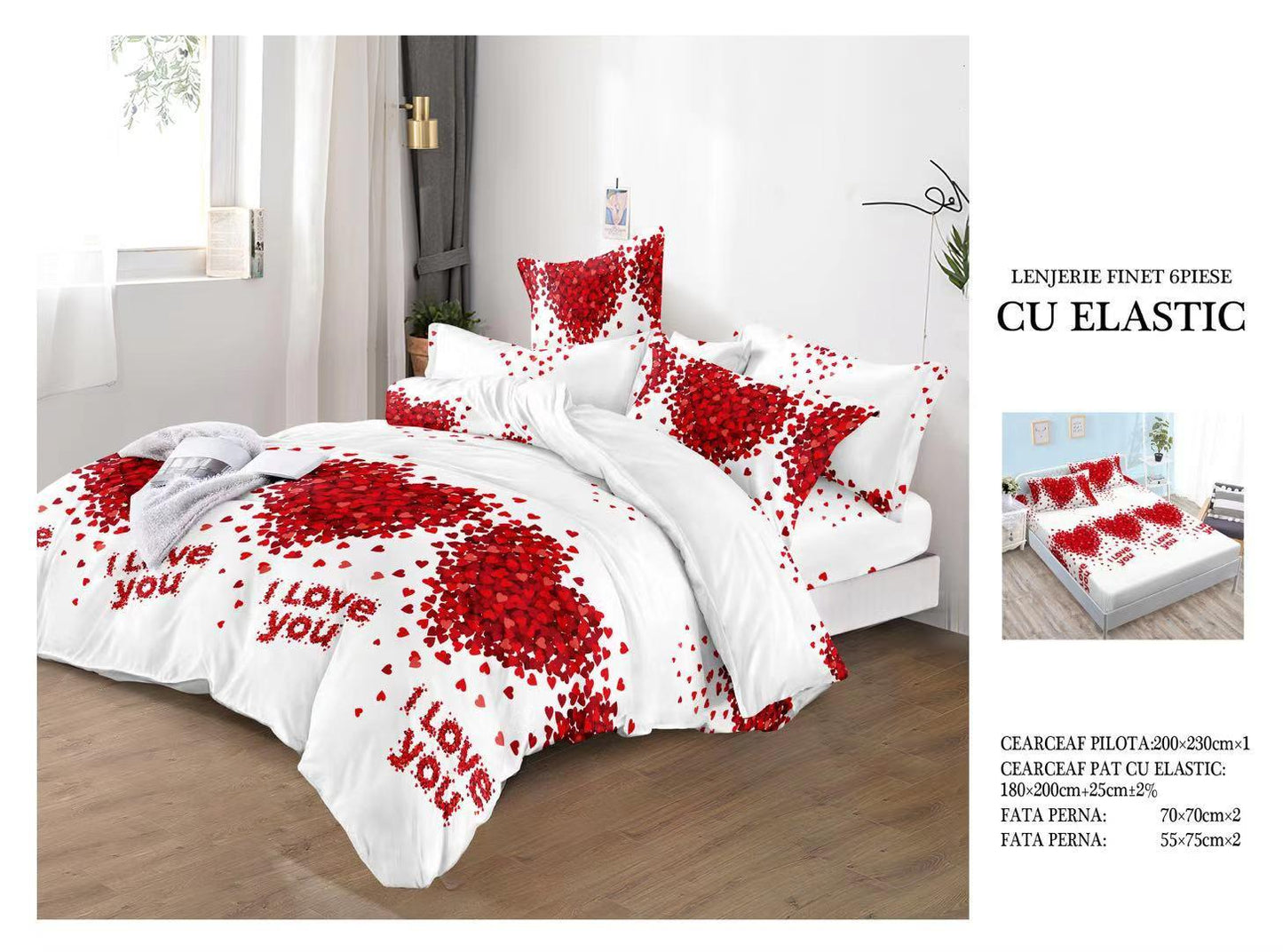 Lenjerie Pat Dublu din Finet, 6 Piese, cu Elastic, Inimioare-H9040