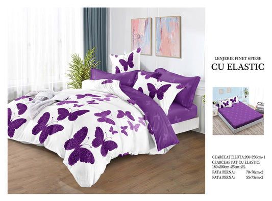 Lenjerie Pat Dublu din Finet, 6 Piese, cu Elastic, Fluturi-H9057