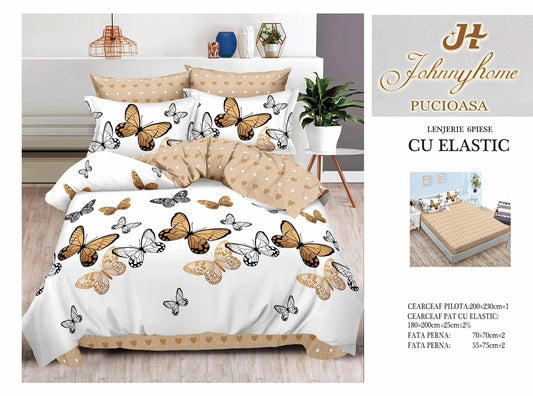 Lenjerie Pat Dublu din Finet, 6 Piese, cu Elastic, Fluturi-H9058