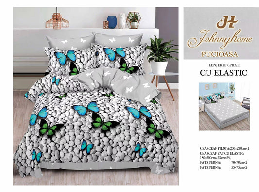 Lenjerie Pat Dublu din Finet, 6 Piese, cu Elastic, Fluturi-H9059