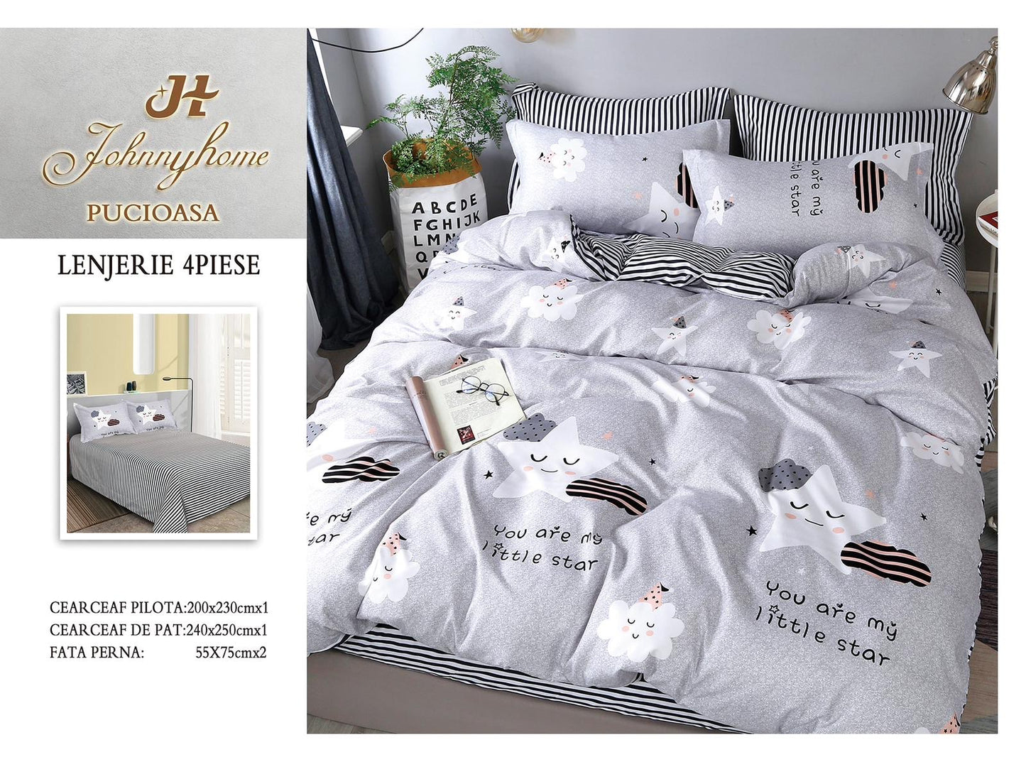 Lenjerie Pat Dublu cu Elastic din Bumbac Satinat Superior cu 4 Piese, Stelute/Norisori-H8747